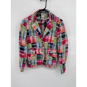 LL Bean Patchwork Plaid Blazer Jacket Women's 14 REG Multi Color Cotton